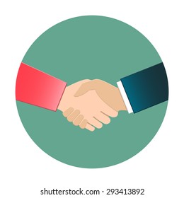 Businesswoman And Businessman Shaking Hands. Handshake Icon In Flat Design.