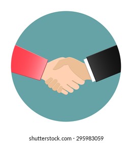 Businesswoman And Businessman Shaking Hands. Vector Handshake Icon In Flat Design.