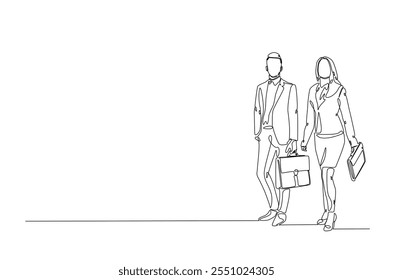 Empresária e homem de negócios de pé com pasta em desenho contínuo de uma linha. Vetor editável.