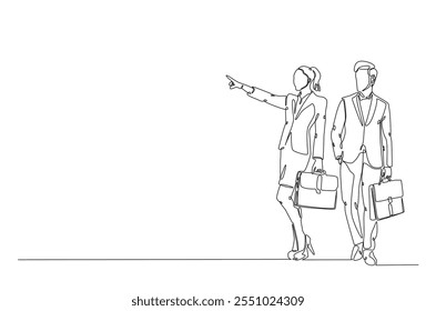 Businesswoman and businessman standing with briefacase in continuous one line drawing. Editable vector.