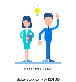 Businesswoman and businessman standing. Business concept for business idea. Cartoon male character. Flat style vector illustration isolated on white