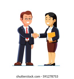 Businesswoman and businessman standing together and shaking hands. Successful business deal or agreement. Project collaboration concept. Two people formal meeting. Flat style vector illustration.
