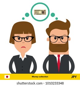 Businesswoman and businessman thinking about money. Yen banknote vector illustration.