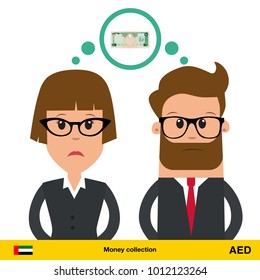 Businesswoman and businessman thinking about money. Dirham banknote vector illustration.