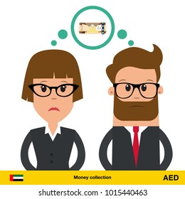 Businesswoman and businessman thinking about money. Dirham banknote vector illustration.