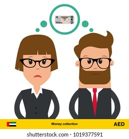 Businesswoman and businessman thinking about money. Dirham banknote vector illustration.