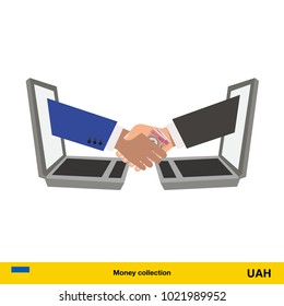 Businesswoman and businessman thinking about money. Hryvnia banknote vector illustration.