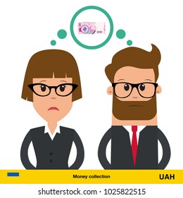 Businesswoman and businessman thinking about money.  hryvnia banknote vector illustration.
