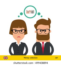 Businesswoman and businessman thinking about money. British pound banknote vector illustration.