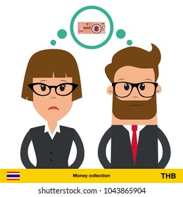 Businesswoman and businessman thinking about money.Thai baht banknote vector illustration.