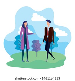 businesswoman and businessman with trees and elegant clothes
