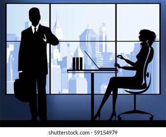 Businesswoman with businessman in the urban background. All elements and textures are individual objects. Vector illustration scale to any size.