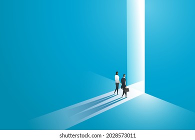 Businesswoman and businessman walking go to front of bright big shining door in the wall blue of the hole at light falls. isometric vector illustration.