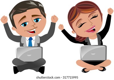 Businesswoman and Businessman Working with Laptop and Exulting isolated