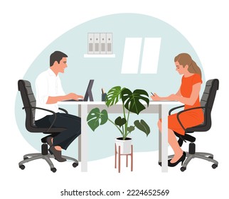 Businesswoman and businessman working together at cozy workplace. Office workers sitting in chairs at table writing notes and using laptop. Realistic vector illustration isolated on white background.