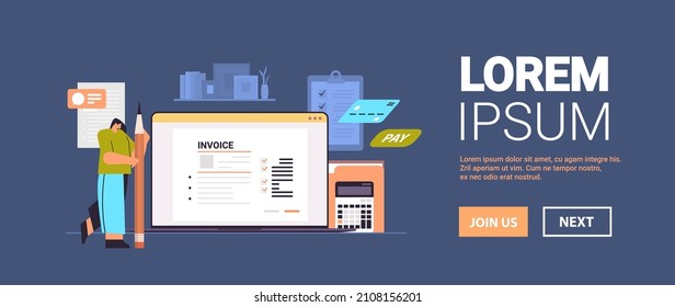 businesswoman calculating invoice on laptop screen accounting bookkeeper clerk woman advisor auditor
