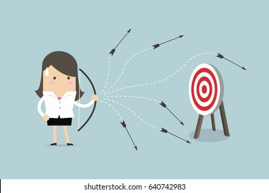 Businesswoman can not hit target with a bow and arrow. vector