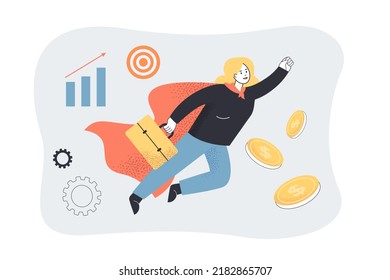 Businesswoman in cape of superhero flying to business success. Tiny superwoman with superpower flat vector illustration. Confidence, leadership concept for banner, website design or landing web page