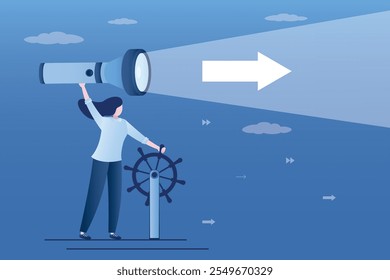 Businesswoman captain uses flashlight and control rudder helm. Leadership to lead company right direction, vision to see opportunities and goals. Skill to overcome challenge or decision to control.