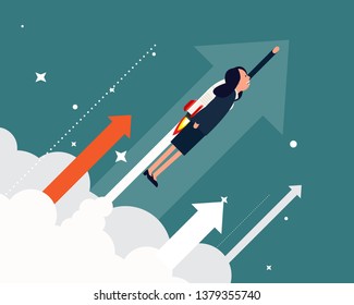 Businesswoman career fast business growth. Vector illustration startup business concept, Great start, Successful