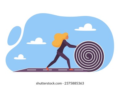 Businesswoman career growth and planning vector illustration. Cartoon woman walking forward, entrepreneur unrolling hard road roll to create own path, make future success, begin new business challenge