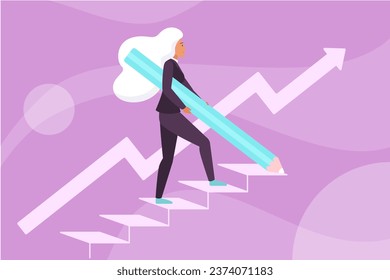 Businesswoman career growth vector illustration. Cartoon tiny woman holding pencil to draw stairs and climb up with effort, leader upward to reach business goals and success progress development