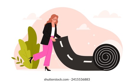 Planificación de la carrera de las mujeres empresarias y aumento de las aptitudes. Mujer desenrollando alfombra de carretera para hacer carrera futura, crear una manera única y comenzar éxito profesional caricatura ilustración vectorial