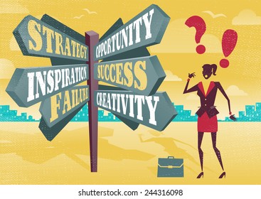 Businesswoman at Career Sign Post Dilemma.  Illustration of Retro styled Businesswoman with a selection of Business related options and choices to make. All recruitment Agencies need one of these!
