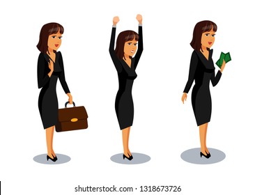 Businesswoman, Careerest Vector Illustrations Set. Woman holding Banknote. Serious Lady with Briefcase Flat Drawing. Successful Female Cartoon Characters Pack. Job, Profession, Occupation