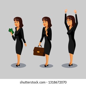 Businesswoman, Careerist Vector Illustrations Pack. Woman holding Banknote. Achievement, Personal Development. Lady with Briefcase Flat Drawing. Successful Female Cartoon Characters. Job, Profession