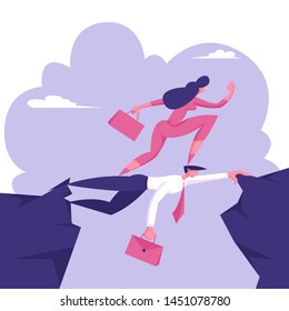 Businesswoman Careerist Walk on Head of Colleague. Concept of Stop at Nothing. Strongest Will Survive. Business Woman Overcome Abyss by Back of Businessman like Bridge Cartoon Flat Vector Illustration