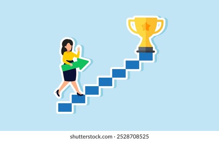 A businesswoman carries an arrow while climbing a ladder leading to a trophy, illustrating the strategy for making a business top-quality and a leader in its field  