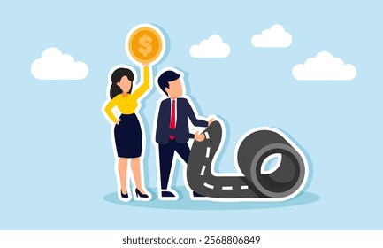 A businesswoman carries a dollar coin while a businessman tries to roll up the road, illustration of securing business assets