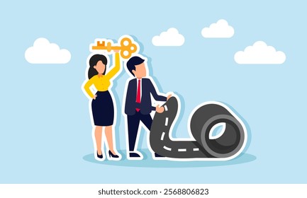 A businesswoman carries a key while a businessman tries to roll up the road, illustration of solutions in completing business tasks