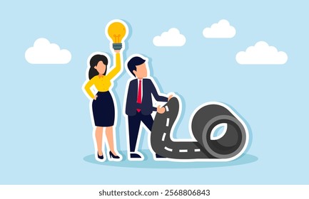 A businesswoman carries a lamp while a businessman tries to roll up the road, illustration of creativity in effectively completing tasks