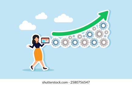 Businesswoman carries a laptop with gears arranged to form a rising chart, illustration of managing a business system for growth and development