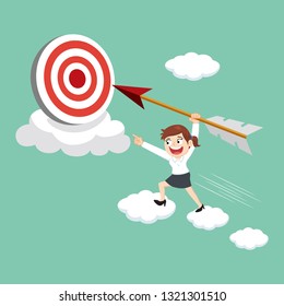 Businesswoman carry arrow to dart point target, illustration vector cartoon