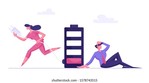 Businesswoman Carry Charger Wire with Plug to Put in Socket for Charging Huge Battery with Low Energy Percent. Tired and Unhappy Businessman Sitting near Accumulator. Cartoon Flat Vector Illustration