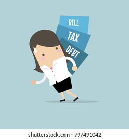 Businesswoman carry pile of debt, tax and bill. vector