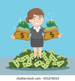 Businesswoman carrying bag of money, vector illustration cartoon