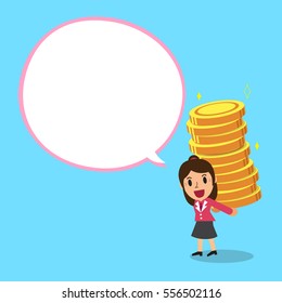Businesswoman carrying big money stack with white speech bubble