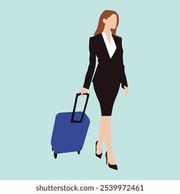 Businesswoman carrying a blue suitcase on her travels. businesswoman in charge. Journey woman
