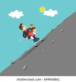 Businesswoman carrying boss up hill to goal, vector illustration cartoon