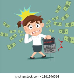 Businesswoman carrying calculator show text no money, Vector Illustration