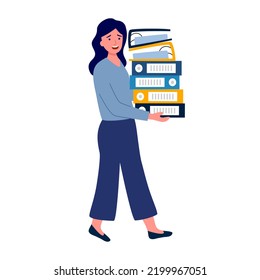 Businesswoman carrying document files in flat design. Overworked woman working in office.