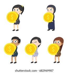 businesswoman carrying giant coin in a different race set