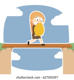 businesswoman carrying golden egg on plank between cliffs