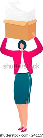 Businesswoman carrying a heavy box of paperwork. Stress at work and deadline concept. Office job overload vector illustration.