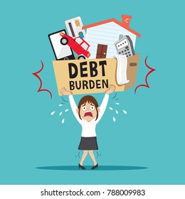 Businesswoman carrying heavy debt burden, illustration vector cartoon