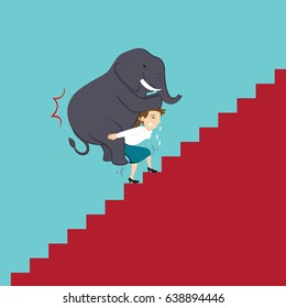 Businesswoman carrying heavy elephant with walking upstairs, vector illustration cartoon